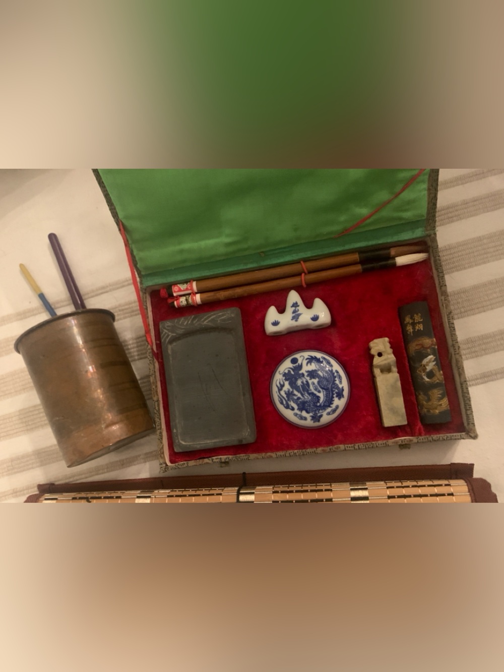 CalligraphySet w/brush stand,ink, carved stone stamp, copper cup+ bamboo case